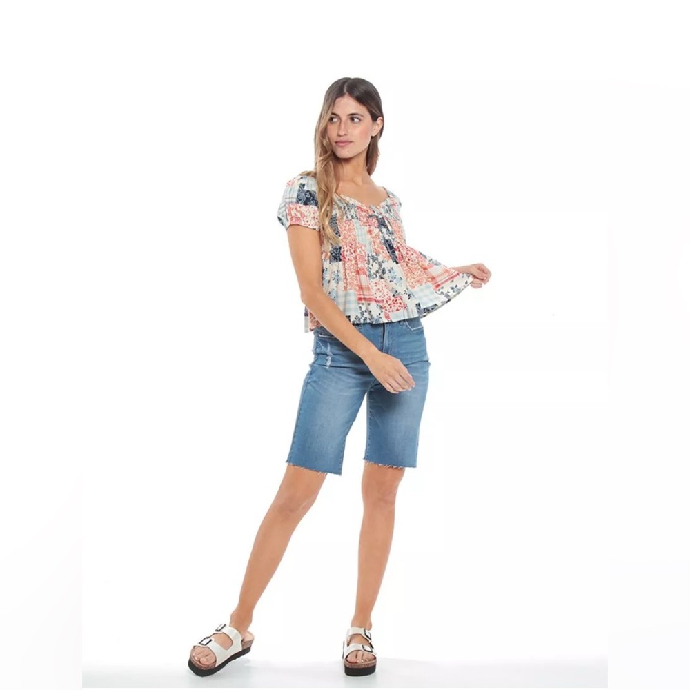 NWOT. Smocked Square-Neck Peasant Top in Blue & Pink Patchwork